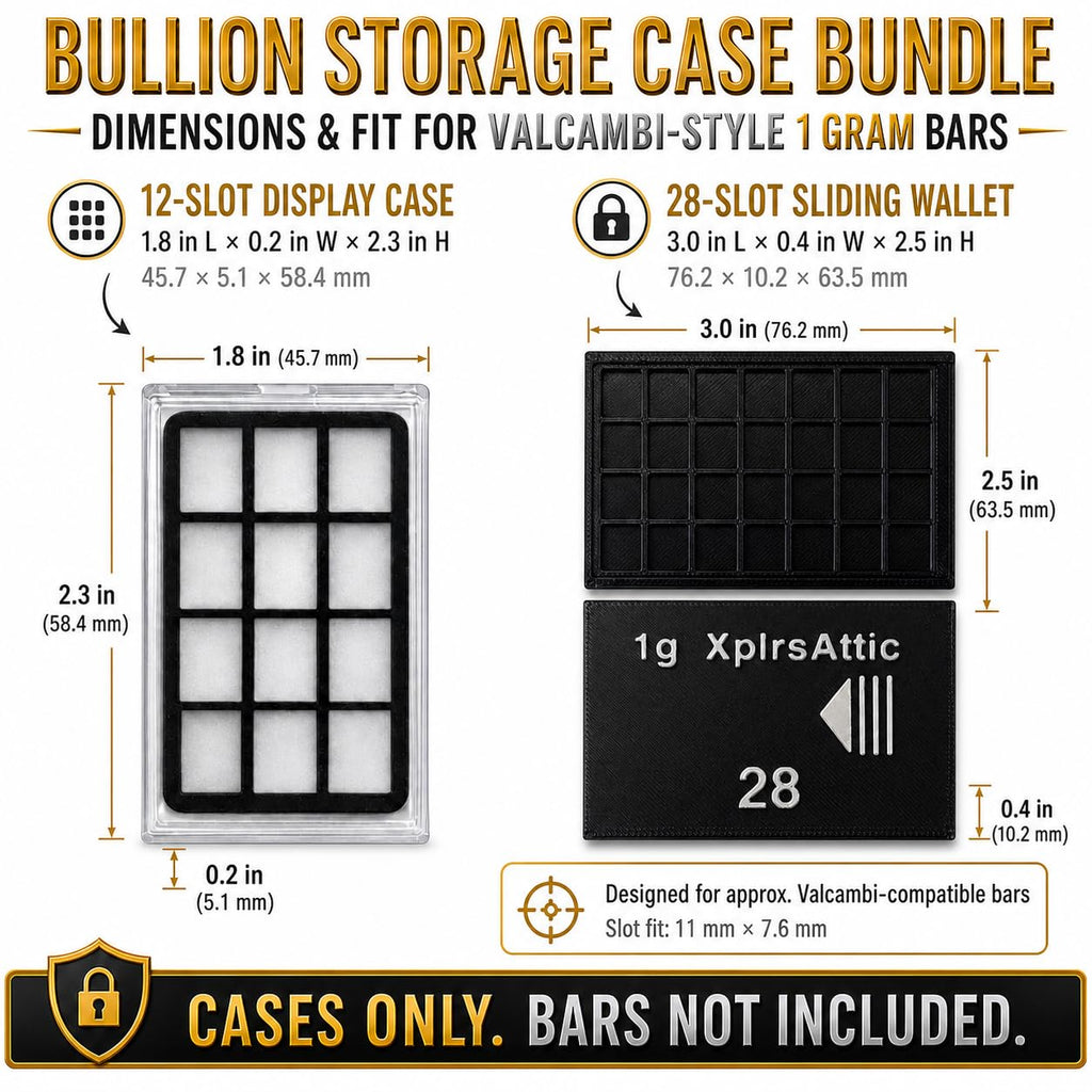 1g Bullion Bar Storage Case Bundle – 28 Slot Sliding Wallet + 12 Slot Display Case for Valcambi Style CombiBars, Silver Gold Platinum Bar Organizer, Desk Safe Pocket Storage (Cases Only)