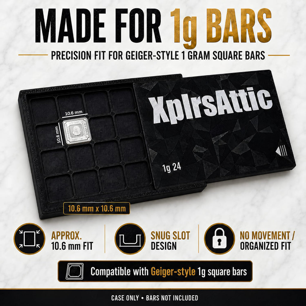 XplrsAttic 1 Gram Bullion Bar Storage Case - 24-Slots Wallet for Geiger-Style Fractional Gold & Silver Bars, Compact Stacker Organizer, Case Only