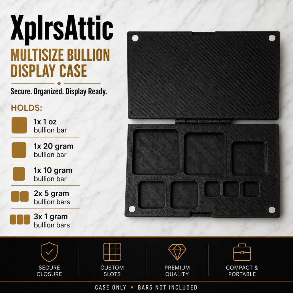 XplrsAttic Multi Size Bullion Bar Storage Case - 8 Slot Geiger Style Bar Organizer for 1oz, 20g, 10g, 5g & 1g Gold & Silver Bars, Hinged Case with Magnetic Closure, Case Only