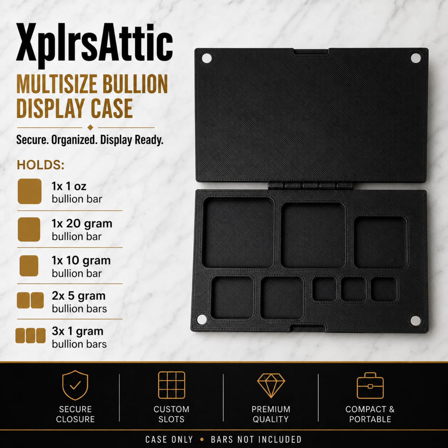 XplrsAttic Multi Size Bullion Bar Storage Case - 8 Slot Geiger Style Bar Organizer for 1oz, 20g, 10g, 5g & 1g Gold & Silver Bars, Hinged Case with Magnetic Closure, Case Only