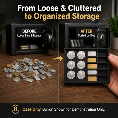 1 Gram Bullion Storage Wallet, Sliding Fractional Bullion Organizer Case Holds Up to 22 Small Gold Silver Copper Platinum Rounds and Bars, 6 Round Slots + 10 Bar Slots, Case Only