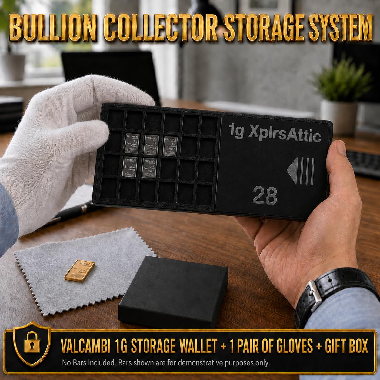 1g Bullion Bar Storage Wallet Gift Set with Cotton Gloves – 28 Slot Case for Valcambi-Style CombiBar Bars, Fractional Gold Silver Platinum Organizer, Black Gift Box, Case Only