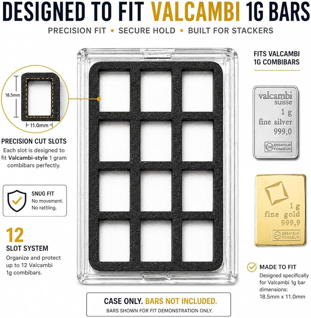 1 Gram Bullion Storage Case Set for CombiBar-Style Bars – Holds 174 Gold Silver Platinum Bars, 12-Slot Display Holder + 162-Slot Organizer, Case Only
