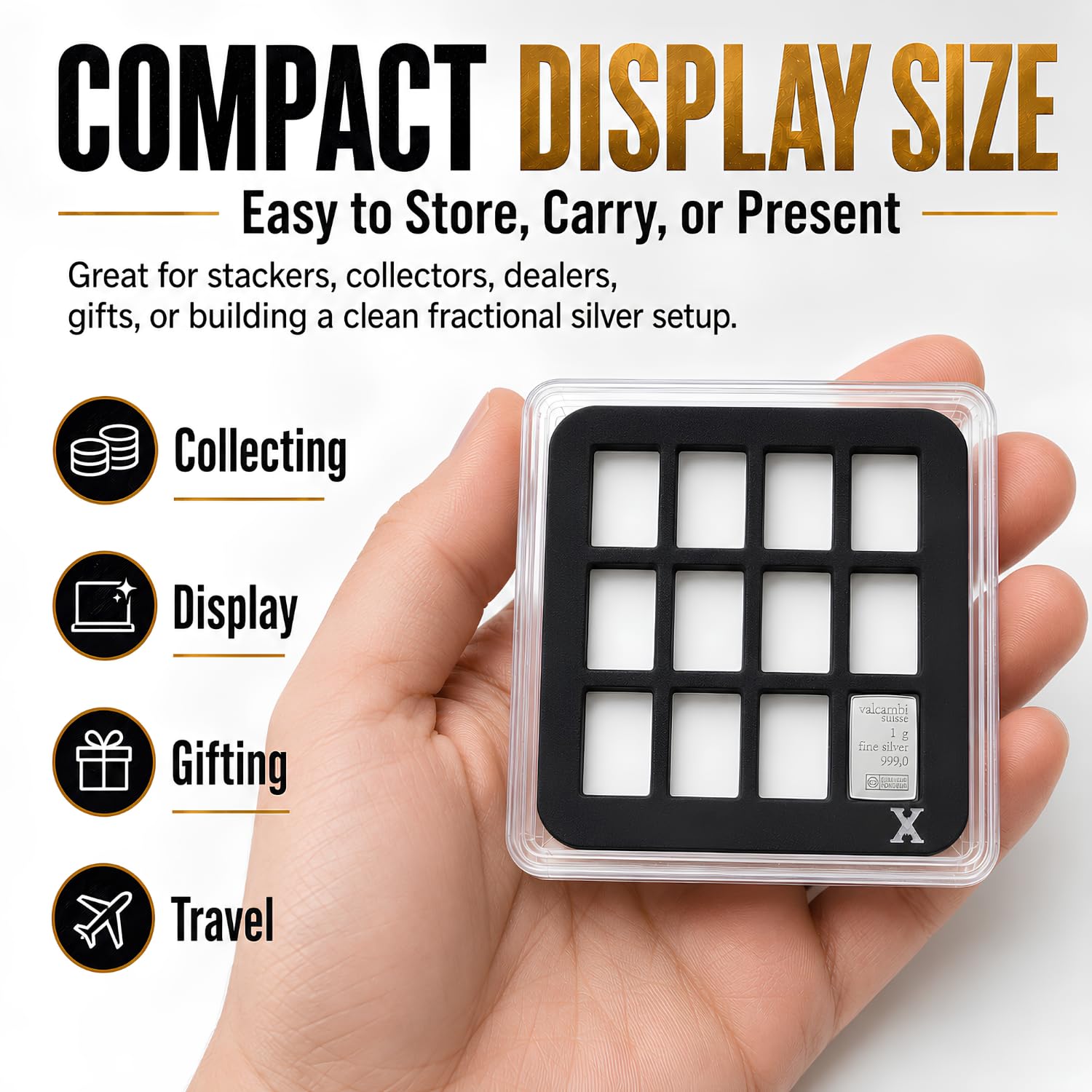 XplrsAttic 1 Gram Silver Bar Display Case 12-Slot Bullion Holder for Valcambi Style CombiBars, Fractional Gold Silver Platinum Stacker Organizer, Wide Format Clear Display Case, Case Only