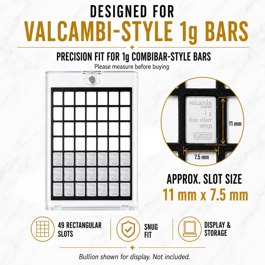 XplrsAttic 1 Gram Silver Bar Display Case, 49 Slot Bullion Holder for Valcambi Style CombiBars, Fractional Gold Silver Platinum Stacker Organizer for Desk, Safe & Collector Storage, Case Only