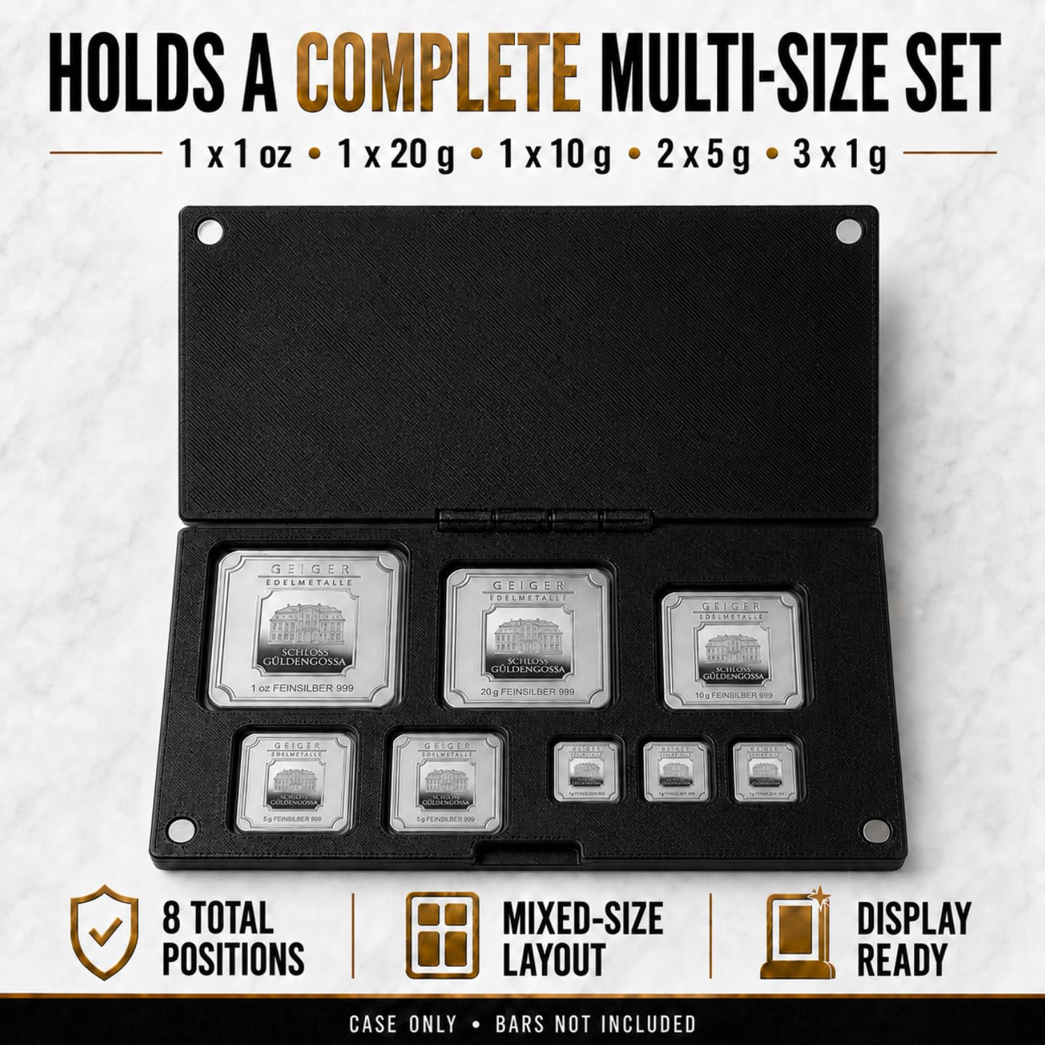 XplrsAttic Multi Size Bullion Bar Storage Case - 8 Slot Geiger Style Bar Organizer for 1oz, 20g, 10g, 5g & 1g Gold & Silver Bars, Hinged Case with Magnetic Closure, Case Only