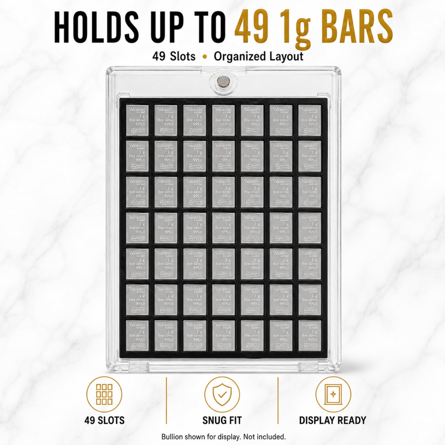 XplrsAttic 1 Gram Silver Bar Display Case, 49 Slot Bullion Holder for Valcambi Style CombiBars, Fractional Gold Silver Platinum Stacker Organizer for Desk, Safe & Collector Storage, Case Only