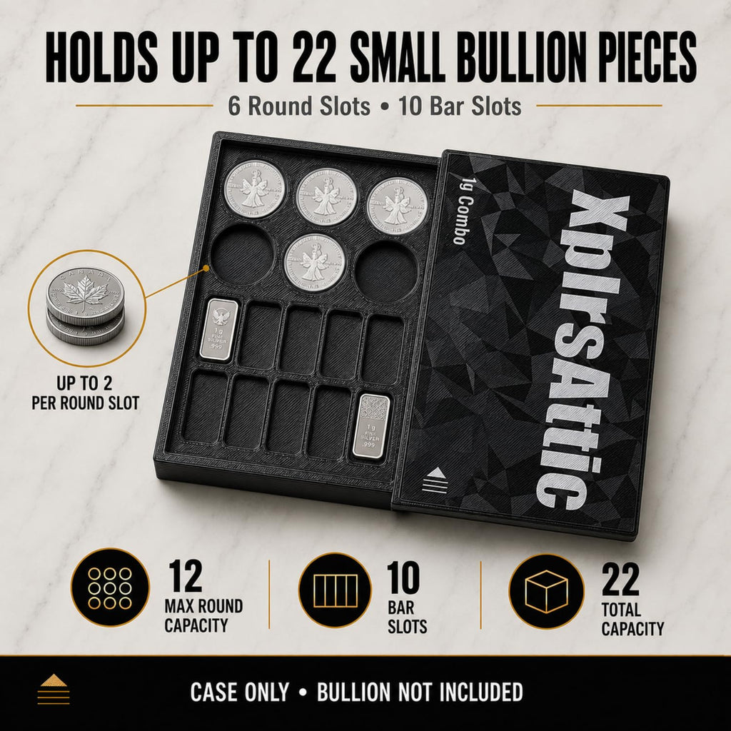 XplrsAttic Combo Coin & Bar Storage Case 16 Slot Wallet for Gold & Silver 1 Gram Rounds and Bars, Holds Up to 22 Pieces, Coin Collecting Accessories & Supplies, Sliding Cover, Case Only