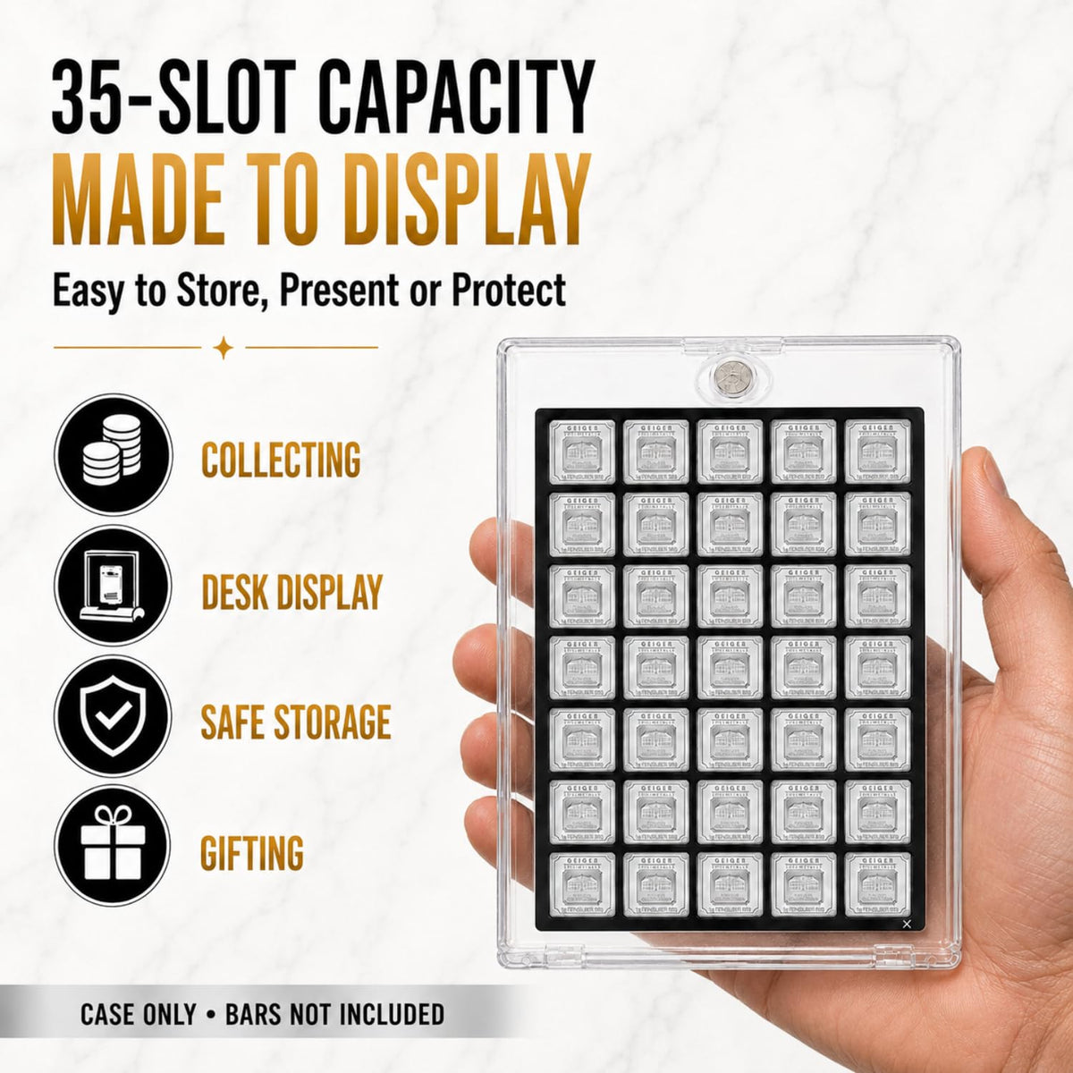 XplrsAttic Geiger Style Square Bar Display Case, Magnetic One Touch Bullion Holder for Gold & Silver Bars, Coin Showcase