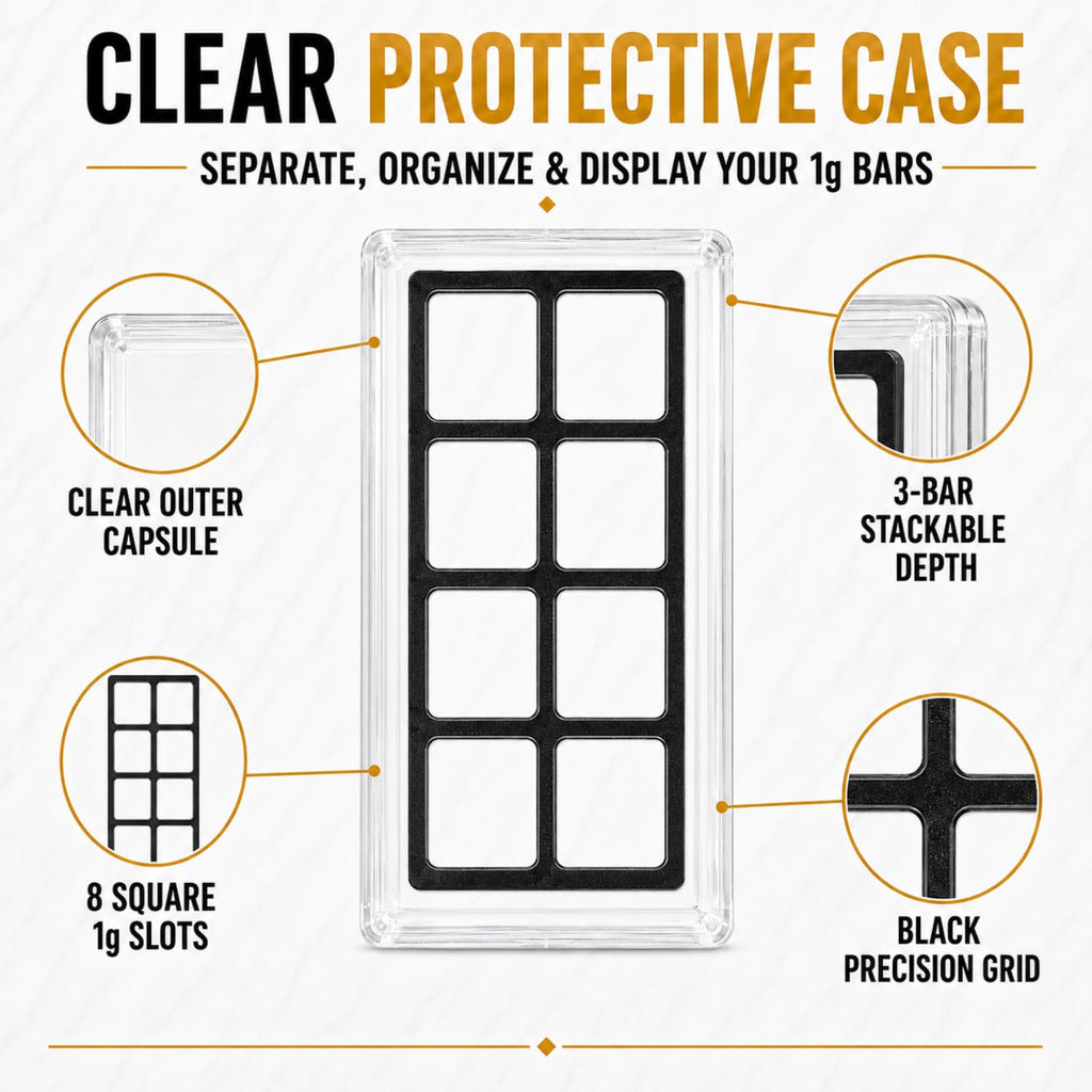 XplrsAttic 1 Gram Square Bar Display Case, Holds 24 Geiger Style Gold Silver Bars, 8 Deep Slots Stack 3 Per Slot, Clear Stackable Coin Collection Holder, Case Only
