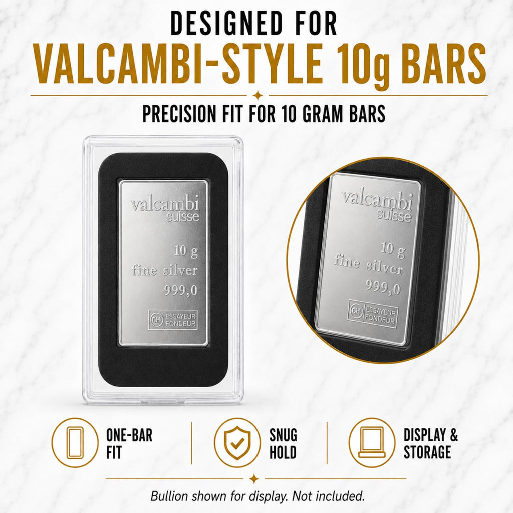 XplrsAttic 10 Gram Silver Bar Protective Case - Clear Display Holder for Valcambi-Style 10g CombiBar, Fitted Black Insert, Single Bar Format, Case Only