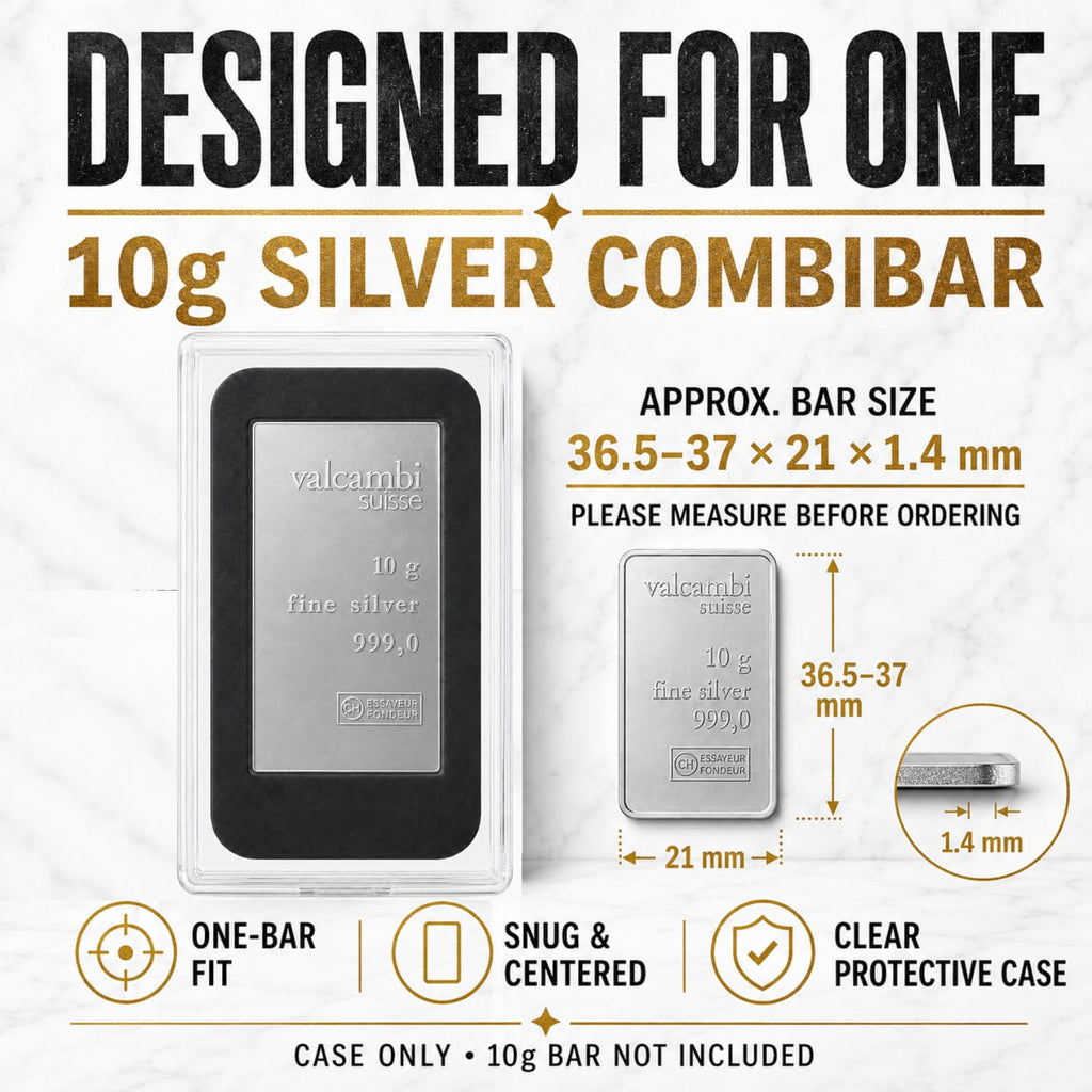 XplrsAttic 10 Gram Silver Bar Protective Case - Clear Display Holder for Valcambi-Style 10g CombiBar, Fitted Black Insert, Single Bar Format, Case Only