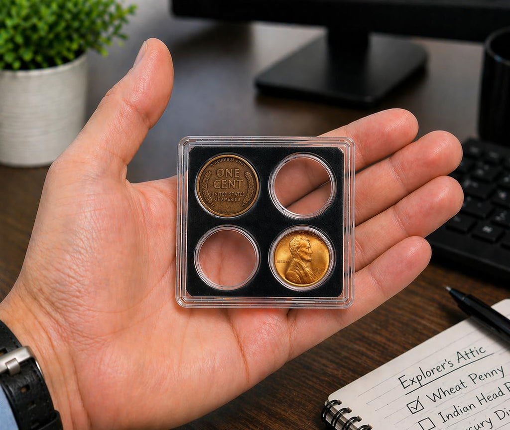 Coin Display Case for Pennies & Dimes (4 Slot) – Includes Wheat Penny – Starter Coin Collecting Kit – Compact 2x2 Holder