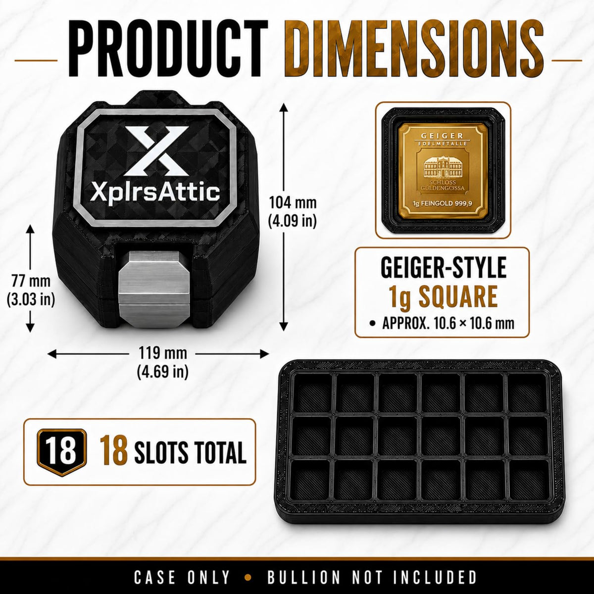 XplrsAttic 180-Slot Bullion Bar Storage Case - 1 Gram Geiger-Style Square Bar Organizer, 9 Removable 18-Slot Trays, Compact Display Holder, Case Only