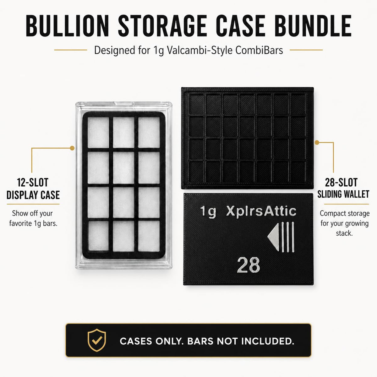 1g Bullion Bar Storage Case Bundle – 28 Slot Sliding Wallet + 12 Slot Display Case for Valcambi Style CombiBars, Silver Gold Platinum Bar Organizer, Desk Safe Pocket Storage (Cases Only)