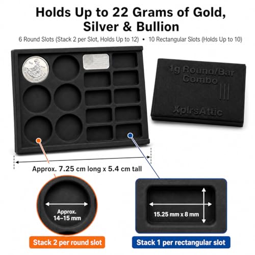 1 Gram Bullion Storage Wallet, Sliding Fractional Bullion Organizer Case Holds Up to 22 Small Gold Silver Copper Platinum Rounds and Bars, 6 Round Slots + 10 Bar Slots, Case Only