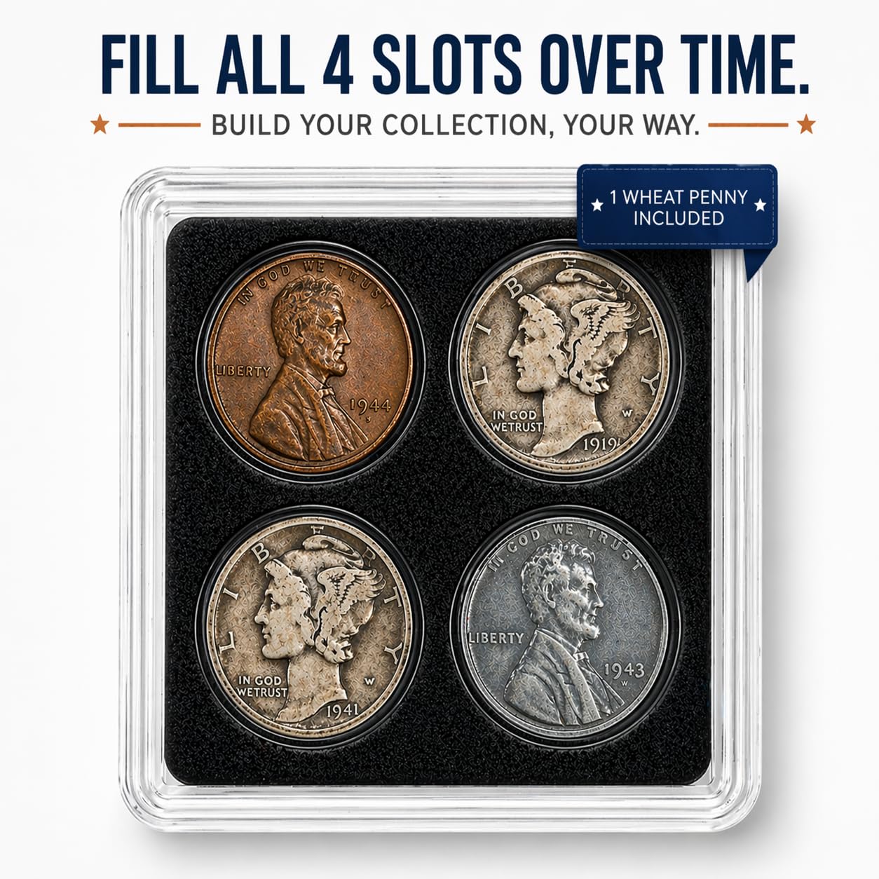 Coin Display Case for Pennies & Dimes (4 Slot) – Includes Wheat Penny – Starter Coin Collecting Kit – Compact 2x2 Holder