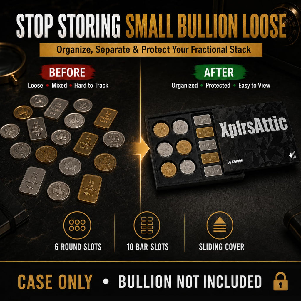XplrsAttic Combo Coin & Bar Storage Case 16 Slot Wallet for Gold & Silver 1 Gram Rounds and Bars, Holds Up to 22 Pieces, Coin Collecting Accessories & Supplies, Sliding Cover, Case Only