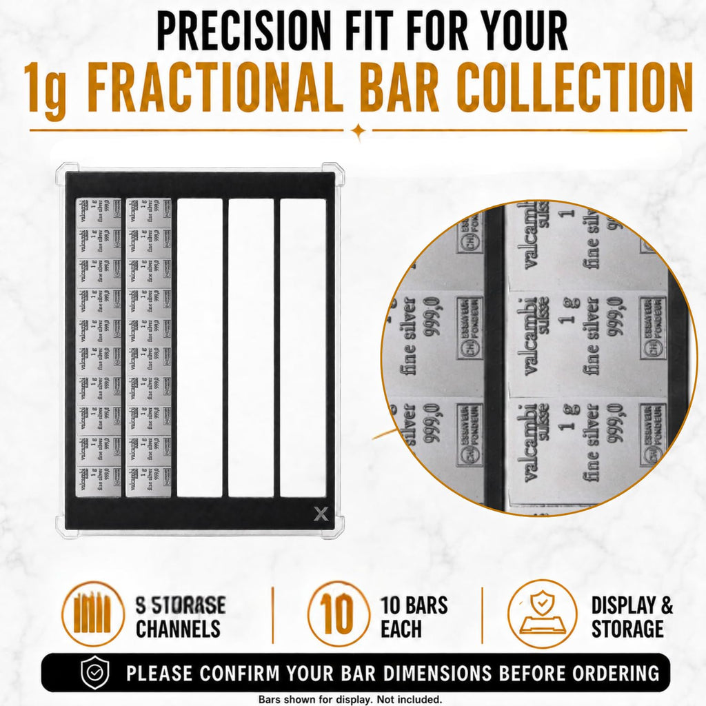XplrsAttic 50 Slot Bullion Bar Display Case, 1 Gram Gold Silver Valcambi Style CombiBar Holder, 5 Storage Channels, Clear Magnetic Case, Bars Not Included
