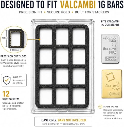 1 Gram Bullion Storage Case Set for CombiBar-Style Bars – Holds 174 Gold Silver Platinum Bars, 12-Slot Display Holder + 162-Slot Organizer, Case Only