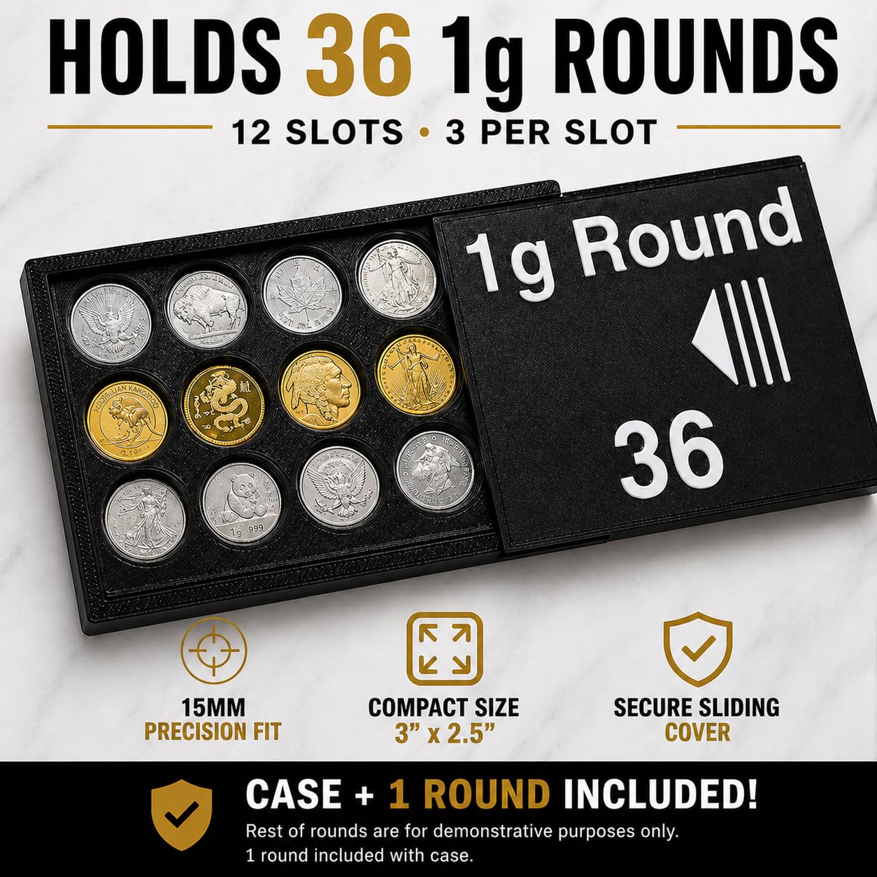Bullion Storage Case for 1g Rounds - Holds 36 Gold Silver Platinum Rounds - 15 mm Precision Holder with Sliding Cover - Compact Organizer (1 Silver Round Included)