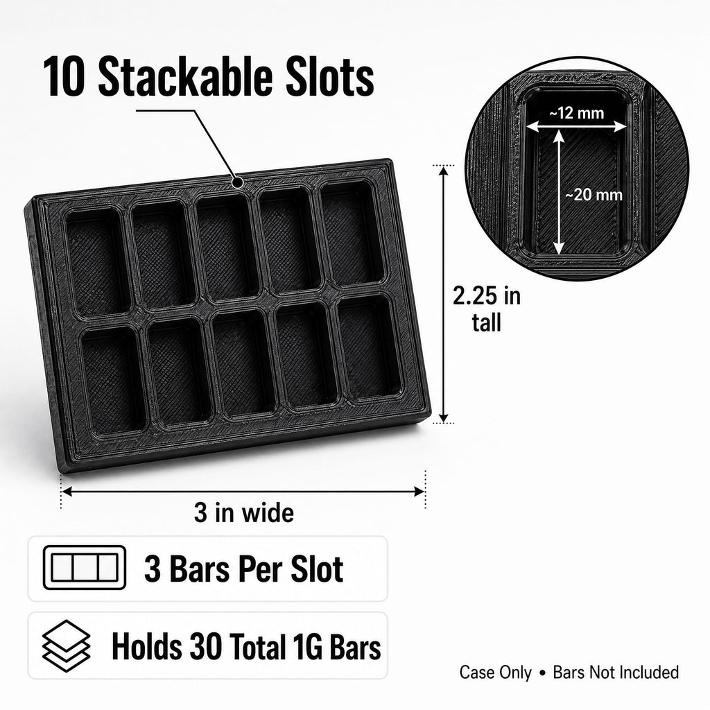 1 Gram Bar Storage Case with Slide Cover, 10-Slot 3D Printed Holder Tray, Holds up to 30 Scottsdale-Style Mini Bars, Compact Black Display Organizer, Case Only
