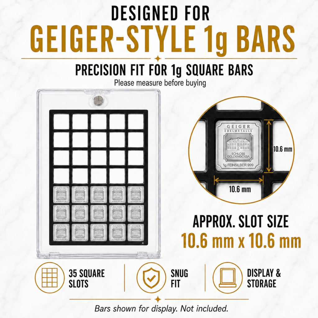 XplrsAttic Geiger Style Square Bar Display Case, Magnetic One Touch Bullion Holder for Gold & Silver Bars, Coin Showcase