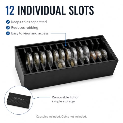 Coin Capsule Storage Box with 12 Capsules – Holds 1 oz Silver Rounds, Morgan Dollars & Peace Dollars up to 40 mm – Bullion & Coin Organizer Case