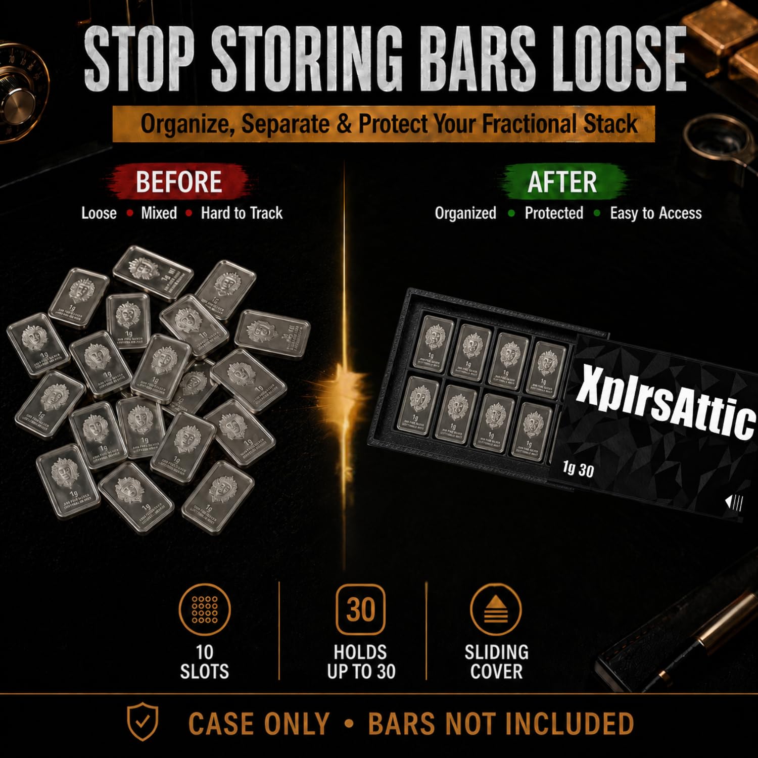 XplrsAttic 1 Gram Bar Storage Case with Slide Cover-10 Slots Tray Holds Up to 30 Scottsdale Style Mini Bars, Compact Bullion Display Organizer, Case Only