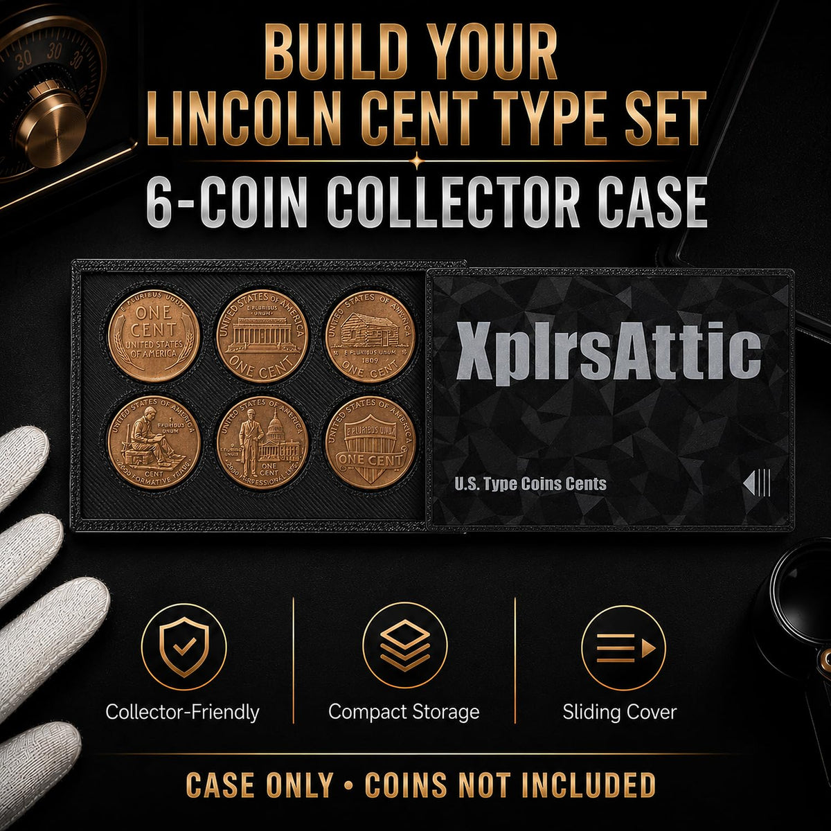 XplrsAttic U.S. Coin Type Set Display Case - Collector Holder for Lincoln Cent, Jefferson Nickel, Roosevelt Dime, Washington Quarter, Kennedy Half, Morgan Dollar
