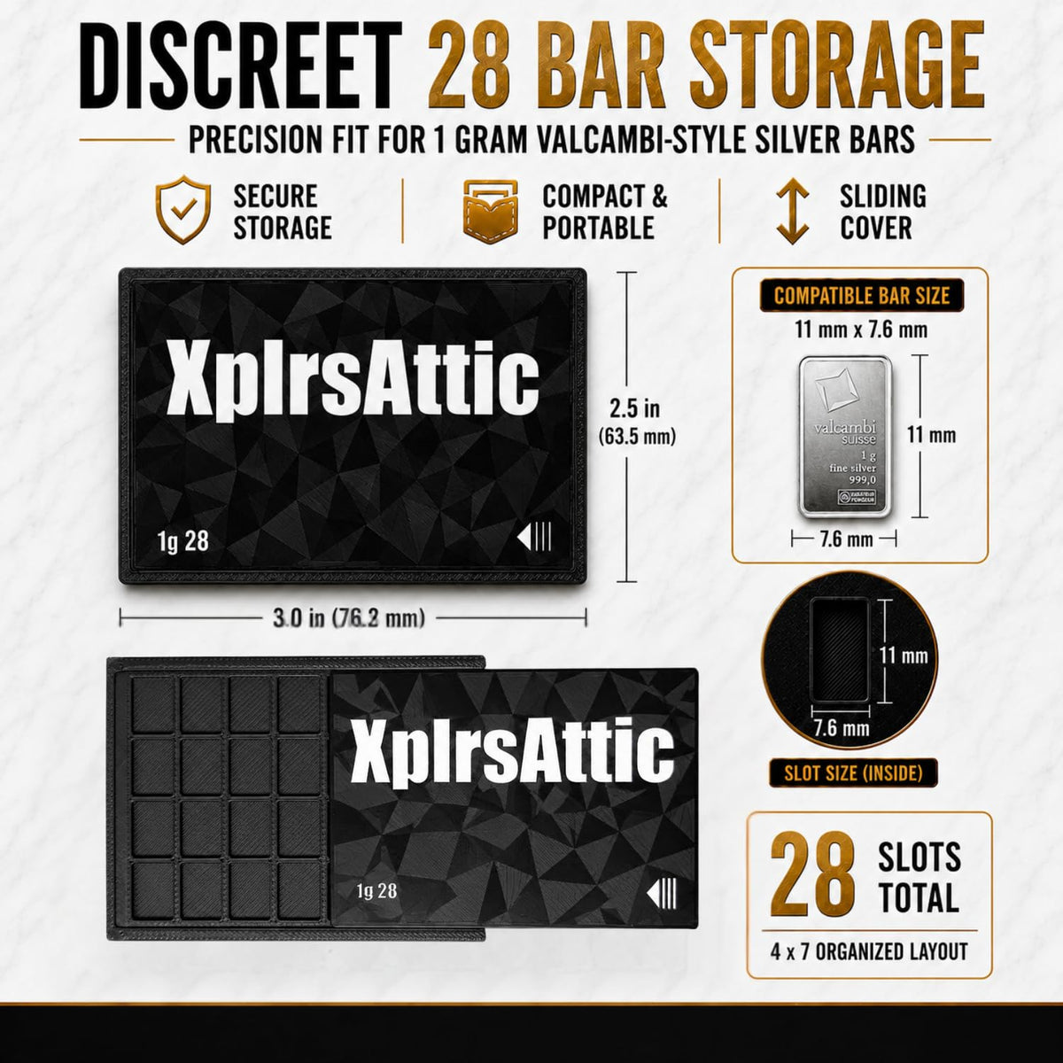 XplrsAttic 1 Gram Bullion Bar Holder Case - 28-Slot Valcambi-Style CombiBar Storage Wallet for Gold Silver Platinum Bars, Stacker Organizer