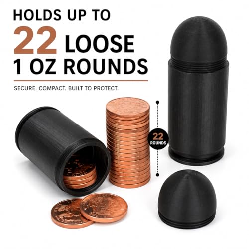 1 oz Silver Round Storage Tube, Morgan Dollar Coin Holder Case, Black Bullet-Style Screw-On Bullion Coin Storage, Holds 22 Loose Silver Copper Gold Rounds & Coins Up to 40mm, Case Only