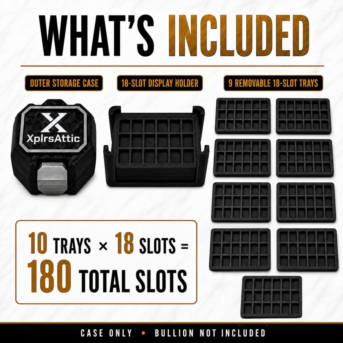 XplrsAttic 180-Slot Bullion Bar Storage Case - 1 Gram Geiger-Style Square Bar Organizer, 9 Removable 18-Slot Trays, Compact Display Holder, Case Only