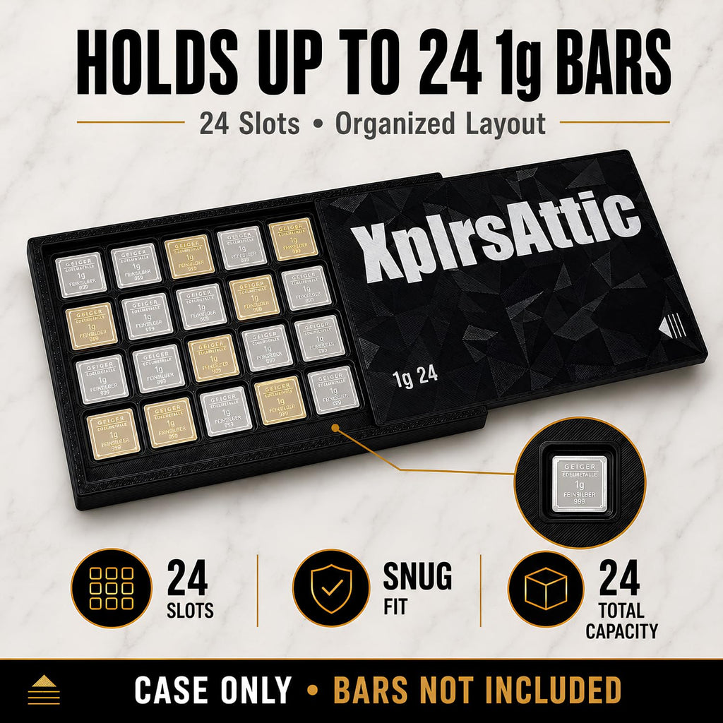 XplrsAttic 1 Gram Bullion Bar Storage Case - 24-Slots Wallet for Geiger-Style Fractional Gold & Silver Bars, Compact Stacker Organizer, Case Only