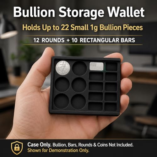 1 Gram Bullion Storage Wallet, Sliding Fractional Bullion Organizer Case Holds Up to 22 Small Gold Silver Copper Platinum Rounds and Bars, 6 Round Slots + 10 Bar Slots, Case Only