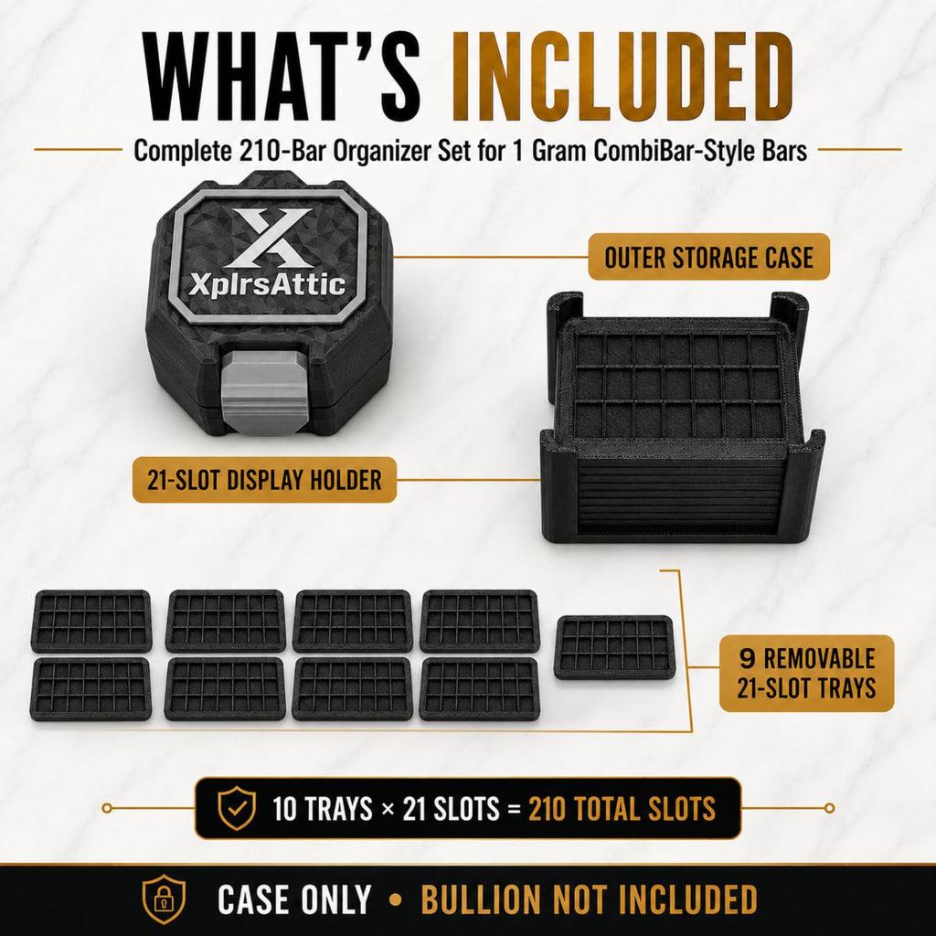 XplrsAttic 210-Slot Bullion Bar Storage Case - 1 Gram Valcambi-Style CombiBar Organizer, 10 Removable 21-Slot Trays, Compact Display Holder, Case Only