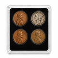 XplrsAttic 4 Slot Coin Display Case for Pennies & Dimes, Includes Lincoln Wheat Penny, Compact 2x2 Tabletop Holder, Beginner Coin Collecting Starter Kit