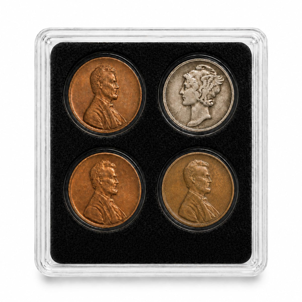 XplrsAttic 4 Slot Coin Display Case for Pennies & Dimes, Includes Lincoln Wheat Penny, Compact 2x2 Tabletop Holder, Beginner Coin Collecting Starter Kit