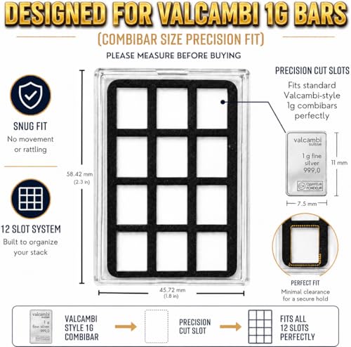 Display Case for 1 Gram Valcambi-Style CombiBars Gold Silver Platinum Bars with Cotton Handling Gloves – 12-Slot Collector Holder for Desk, Office, Gift Display (Includes 1 Bar)