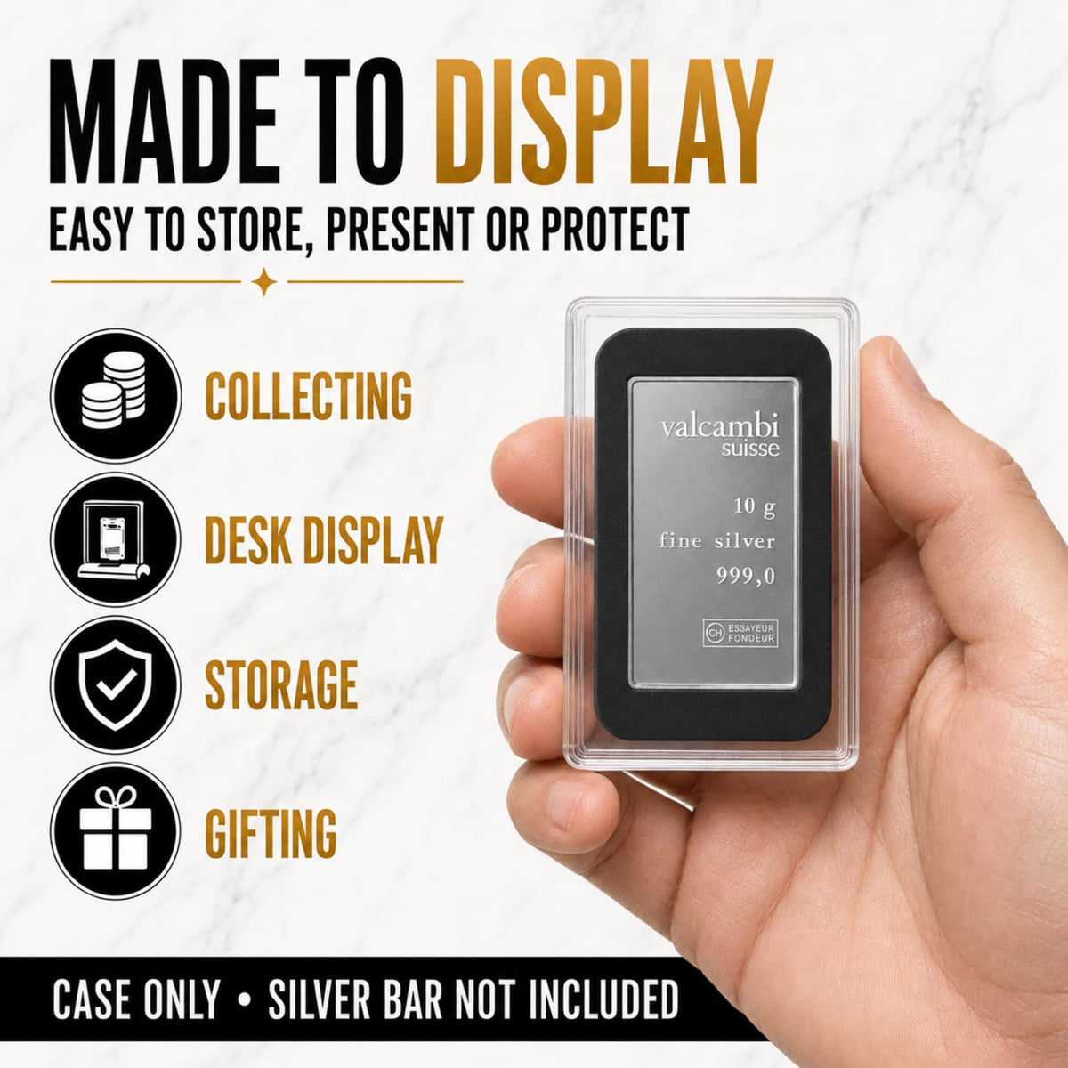 XplrsAttic 10 Gram Silver Bar Protective Case - Clear Display Holder for Valcambi-Style 10g CombiBar, Fitted Black Insert, Single Bar Format, Case Only