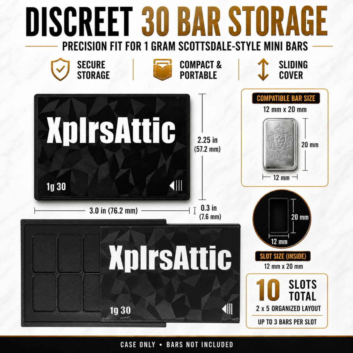 XplrsAttic 1 Gram Bar Storage Case with Slide Cover-10 Slots Tray Holds Up to 30 Scottsdale Style Mini Bars, Compact Bullion Display Organizer, Case Only