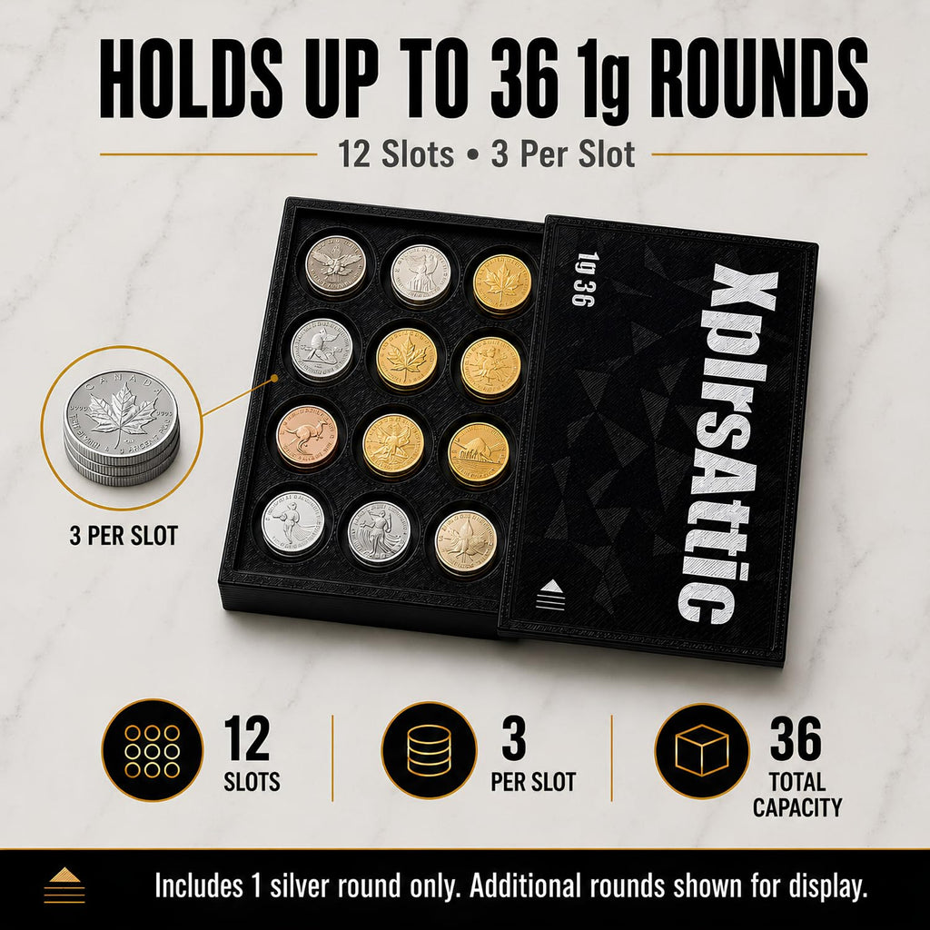 XplrsAttic 1 Gram Round Storage Case - 36-Slot Holder for Gold, Silver & Platinum Bullion Rounds, 15mm Precision Slots with Sliding Cover
