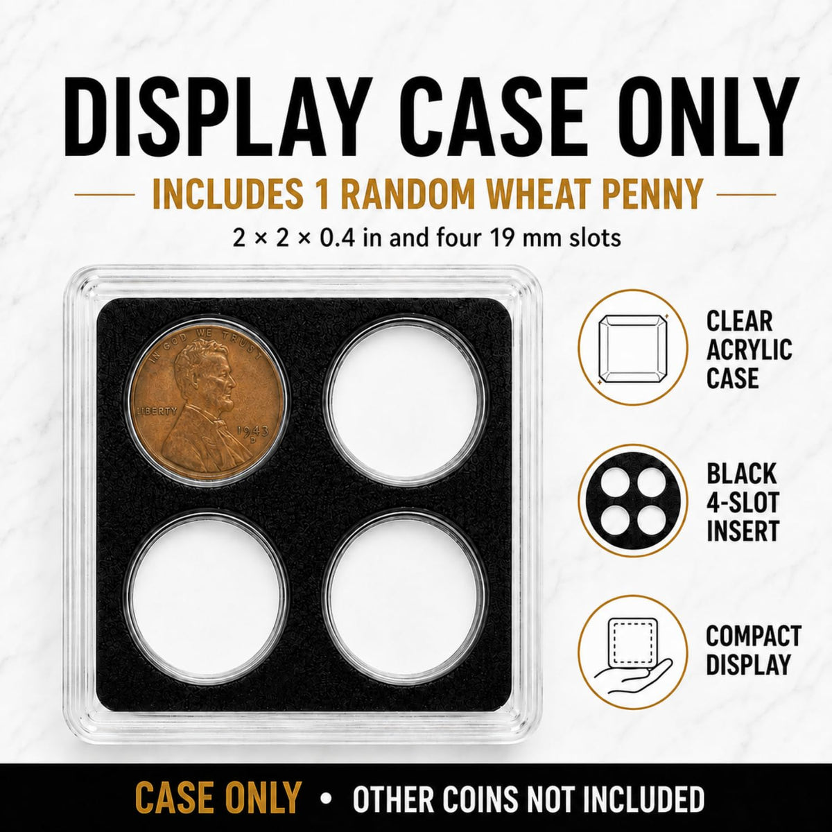 XplrsAttic 4 Slot Coin Display Case for Pennies & Dimes, Includes Lincoln Wheat Penny, Compact 2x2 Tabletop Holder, Beginner Coin Collecting Starter Kit