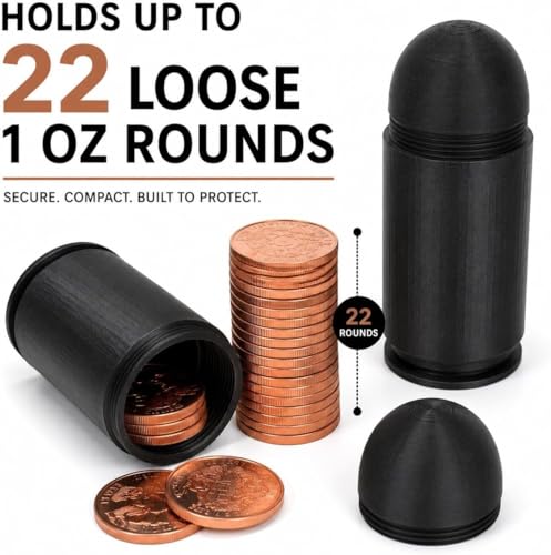 Bullet-Style Screw-On Bullion Coin Storage Case, Holds Up to 22 Loose 1 oz Silver, Copper & Gold Rounds up to 40mm, Black Plastic Coin Tube Holder with 1 Random 1 oz Copper Round Sample Included
