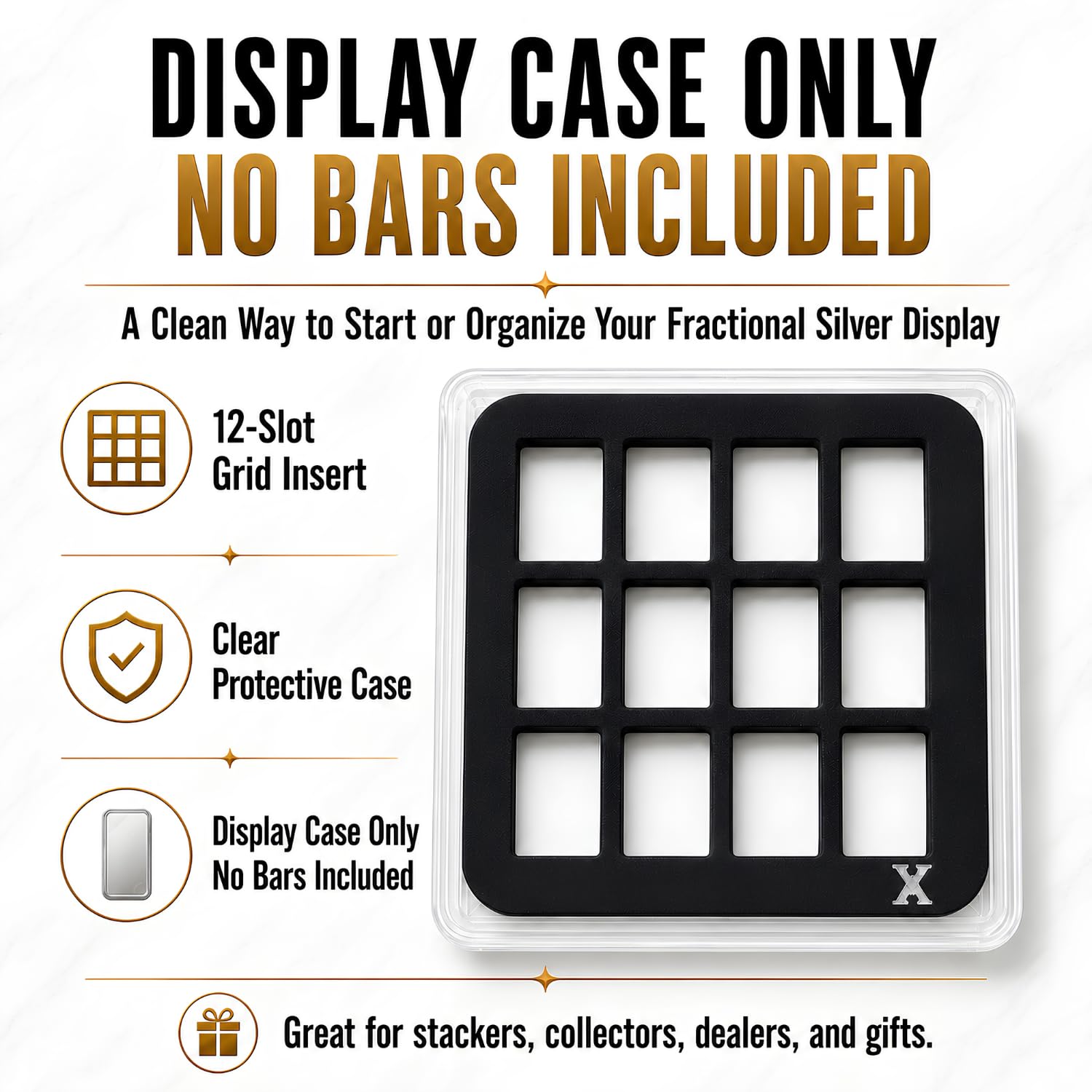 XplrsAttic 1 Gram Silver Bar Display Case 12-Slot Bullion Holder for Valcambi Style CombiBars, Fractional Gold Silver Platinum Stacker Organizer, Wide Format Clear Display Case, Case Only