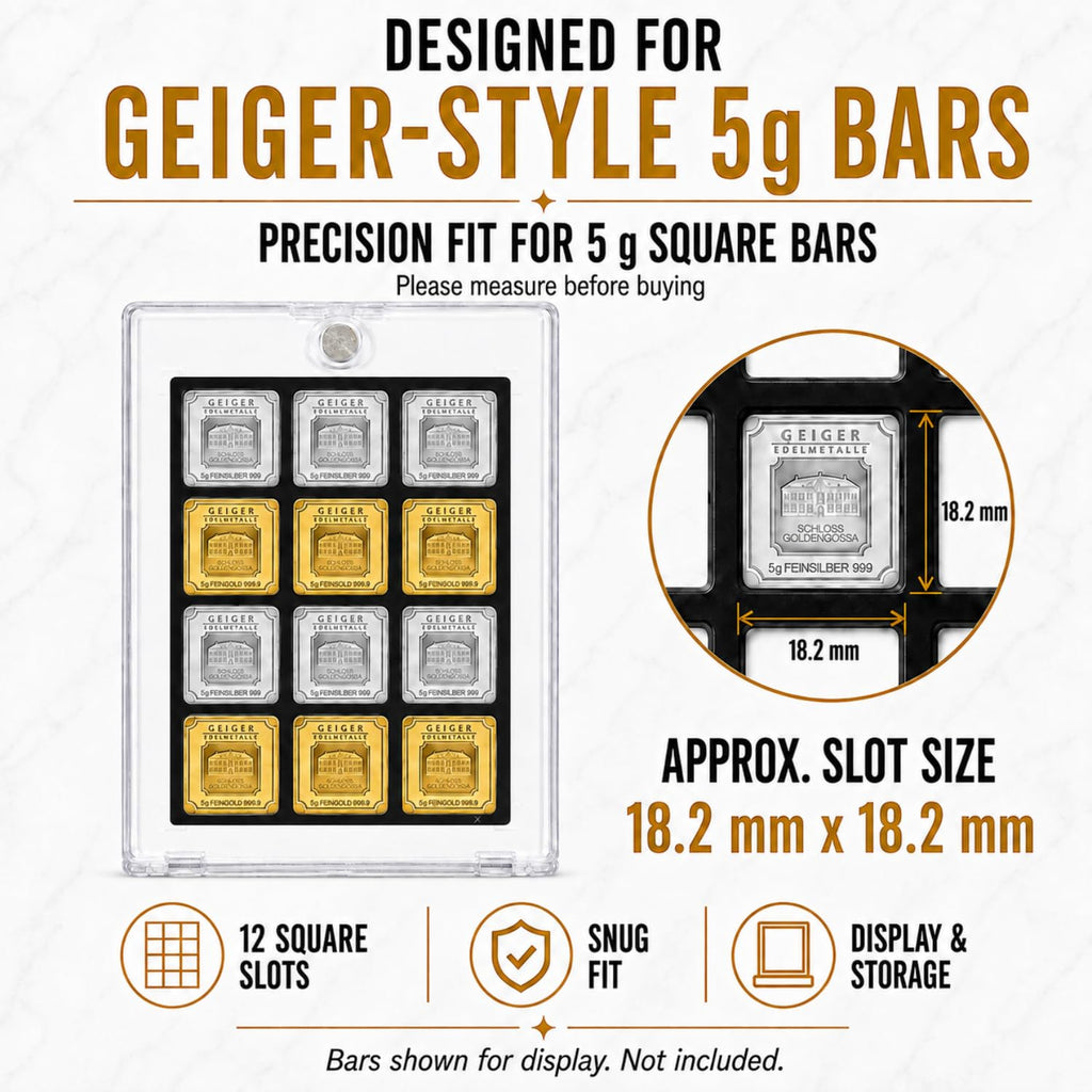 XplrsAttic Geiger Style Square Bar Display Case, Magnetic One Touch Bullion Holder for Gold & Silver Bars, Coin Showcase