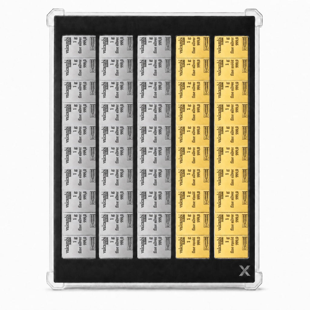 XplrsAttic 50 Slot Bullion Bar Display Case, 1 Gram Gold Silver Valcambi Style CombiBar Holder, 5 Storage Channels, Clear Magnetic Case, Bars Not Included