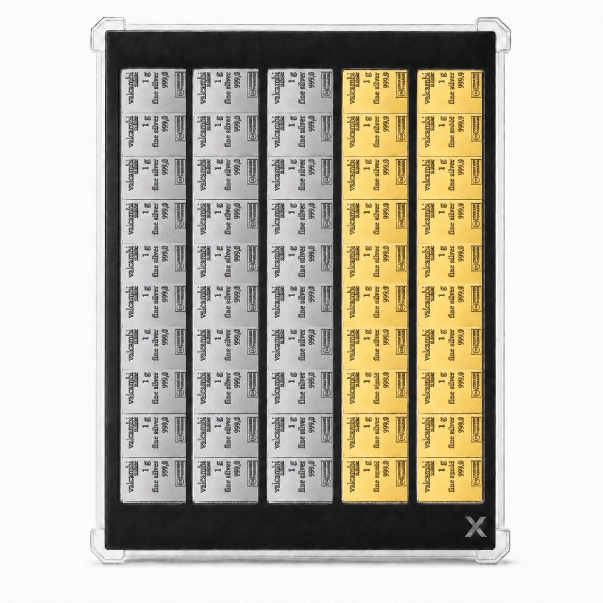 XplrsAttic 50 Slot Bullion Bar Display Case, 1 Gram Gold Silver Valcambi Style CombiBar Holder, 5 Storage Channels, Clear Magnetic Case, Bars Not Included