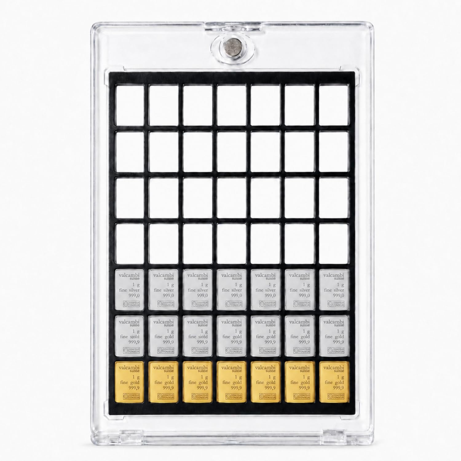 XplrsAttic 1 Gram Silver Bar Display Case, 49 Slot Bullion Holder for Valcambi Style CombiBars, Fractional Gold Silver Platinum Stacker Organizer for Desk, Safe & Collector Storage, Case Only