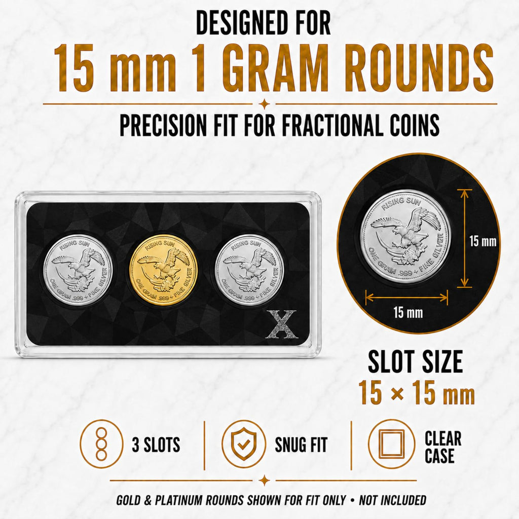 XplrsAttic 3 Slot Round Display Case, Fits 15mm 1 Gram Gold & Silver Rounds, Holds Up to 12 Stacked (4 Per Slot), Slim Stackable Coin Display Case